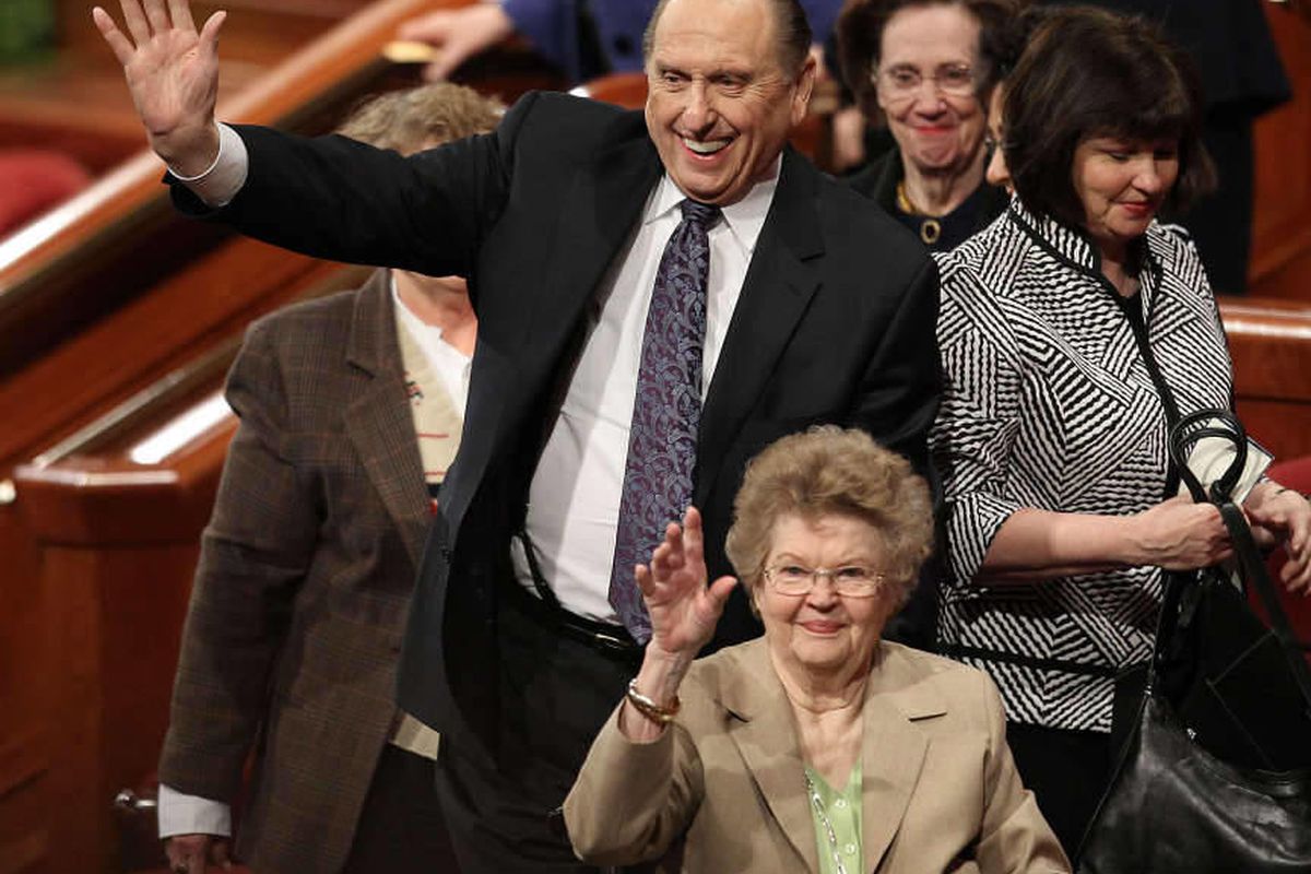 President of The Church of Jesus Christ of Latter-day Saints, Thomas S. Monson and his wife, Frances, wave to the crowd after The Church of Jesus Christ of Latter-day Saints 181st Annual General Conference on Sunday, April 3, 2011, in Salt Lake City, Utah