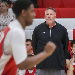 Mitch Smith, coach of the East High School varsity boys basketball team, calls out plays during the spring league tournament at East High School in Salt Lake City on Thursday, May 18, 2017. East beat Granger 57-56.