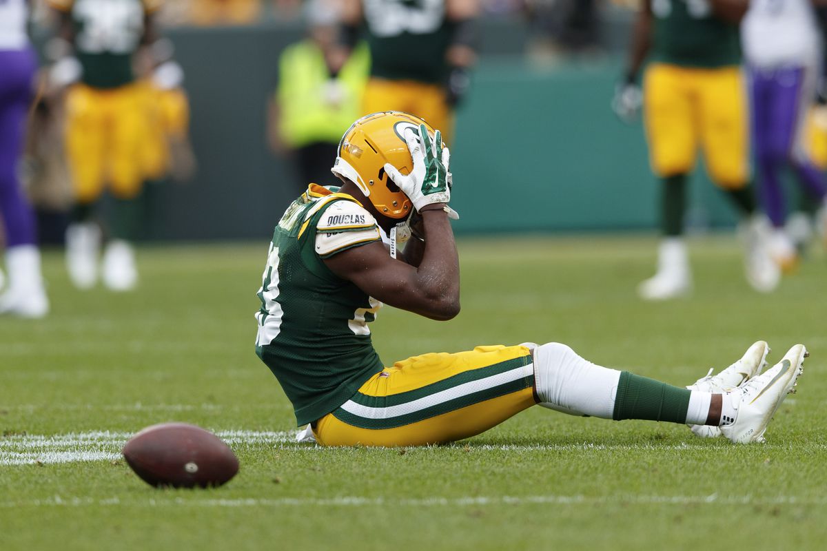 Green Bay Packers wide receiver Marquez Valdes-Scantling reacts after missing a cat h during the fourth quarter against the Minnesota Vikings at Lambeau Field.
