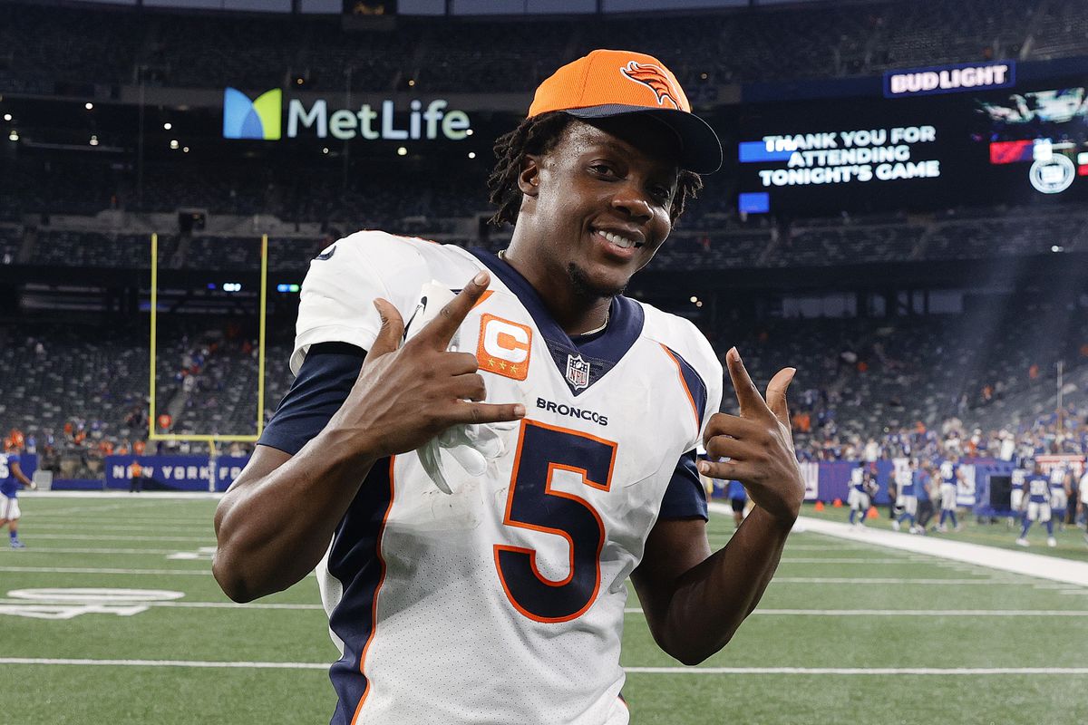 Teddy Bridgewater #5 of the Denver Broncos reacts after the game against the New York Giants at MetLife Stadium on September 12, 2021 in East Rutherford, New Jersey.