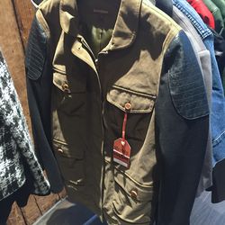 Utility jacket with ponte sleeve, $125