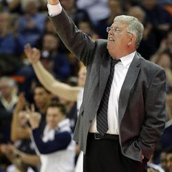 Head coach Stew Morrill of Utah State yells instructions during NCAA basketball against UNLV in Logan Tuesday, Feb. 24, 2015.

