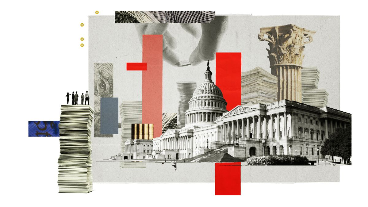 An illustration of DC government buildings and people standing on huge stacks of paper.