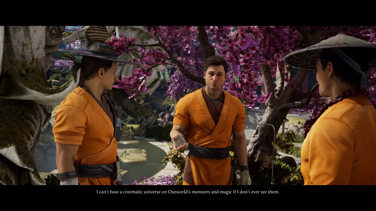 Johnny Cage says to Raiden “I can’t base a cinematic universe on Outworld’s monsters and magic if I don’t ever see them” in a screenshot from Mortal Kombat 1’s story mode