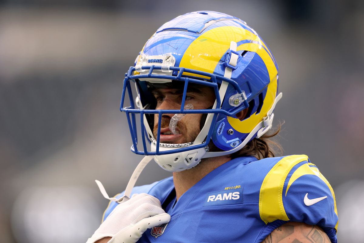 Tyler Higbee #89 of the Los Angeles Rams during warm up before the game against the Carolina Panthers at SoFi Stadium on October 16, 2022 in Inglewood, California.