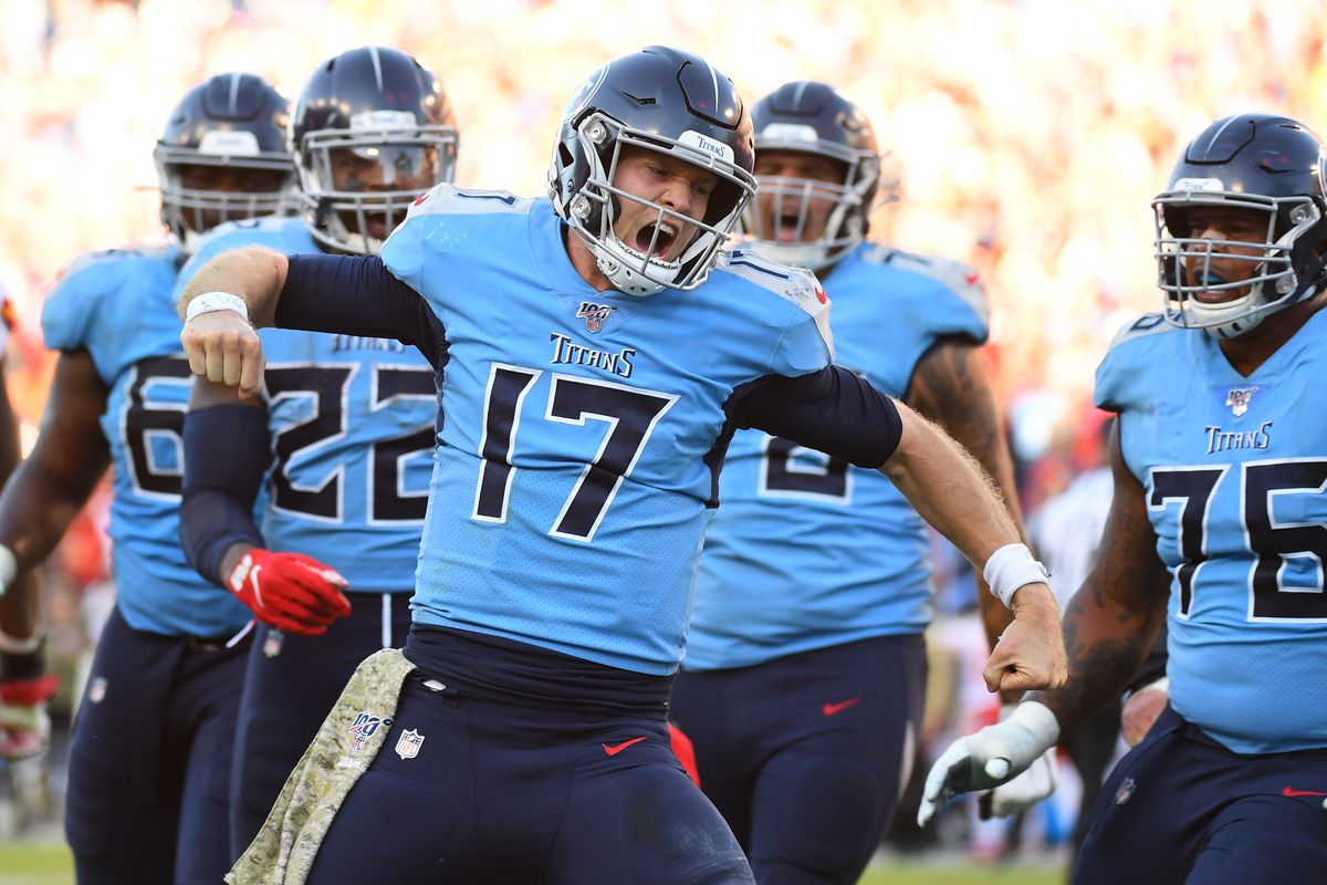 Tennessee Titans quarterback Ryan Tannehill celebrates after scoring on a two-point conversion in the fourth quarter before beating the Kansas City Chiefs at Nissan Stadium.