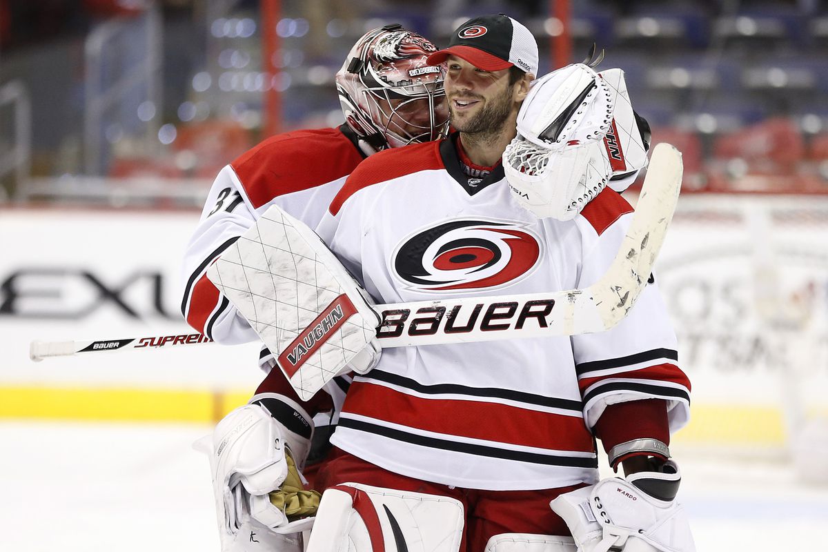 Anton Khudobin and Cam Ward celebrate after beating the Caps Thursday night.  