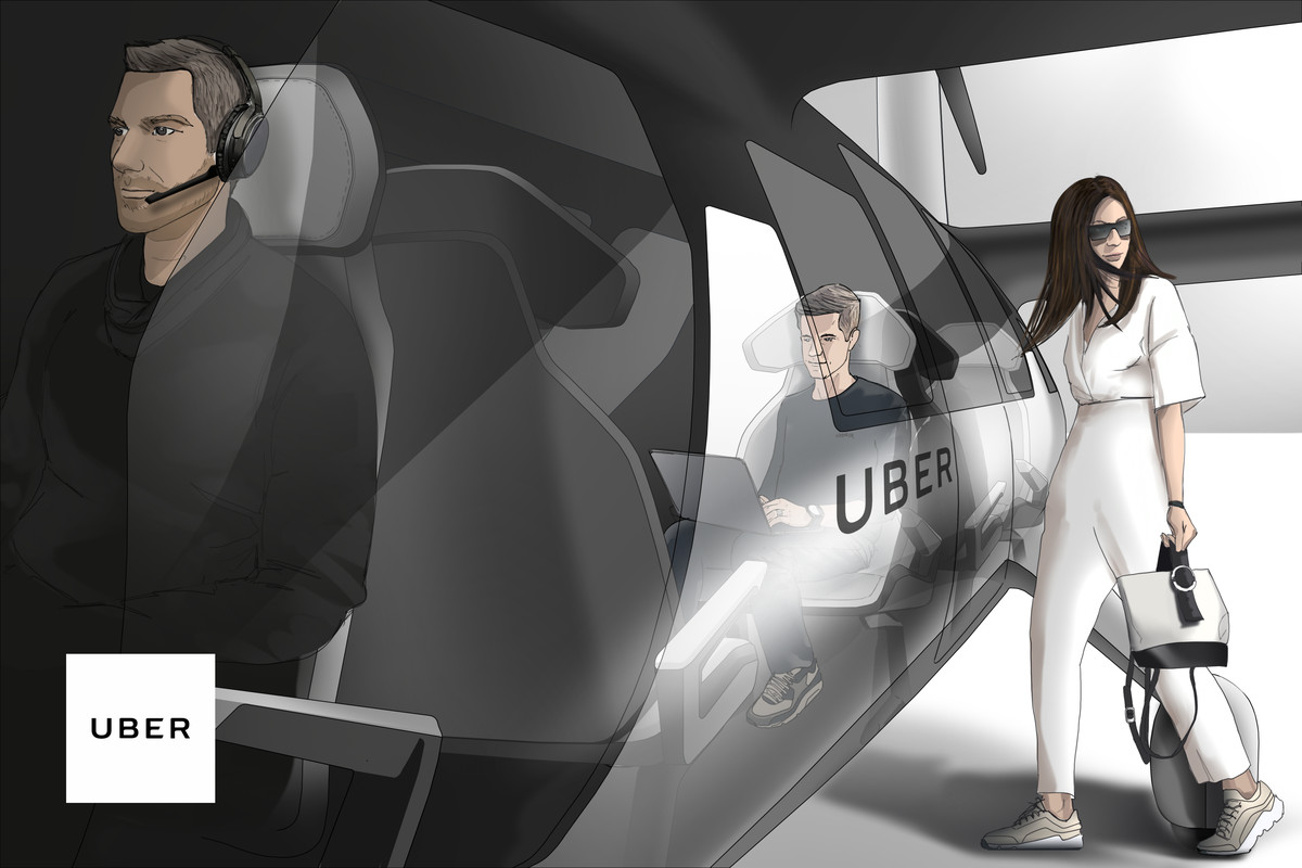 A photo of a prototype of Uber’s vision of unmanned flying cars