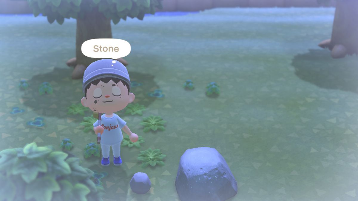 Screenshot taken from ‘Animal Crossing: New Horizons’ using the in-game camera. A hazy filter has been applied over the author’s avatar standing next to a stone with his eyes closed, and thinking the word “stone” in a speech bubble.