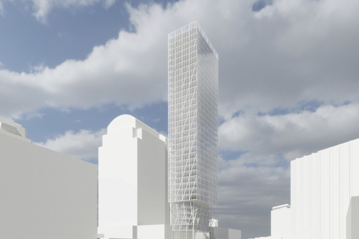 An architect’s rendering of a tall, narrow, contemporary tower. At the bottom is a two-story, older brick structure. There are other, somewhat tall buildings surrounding it.
