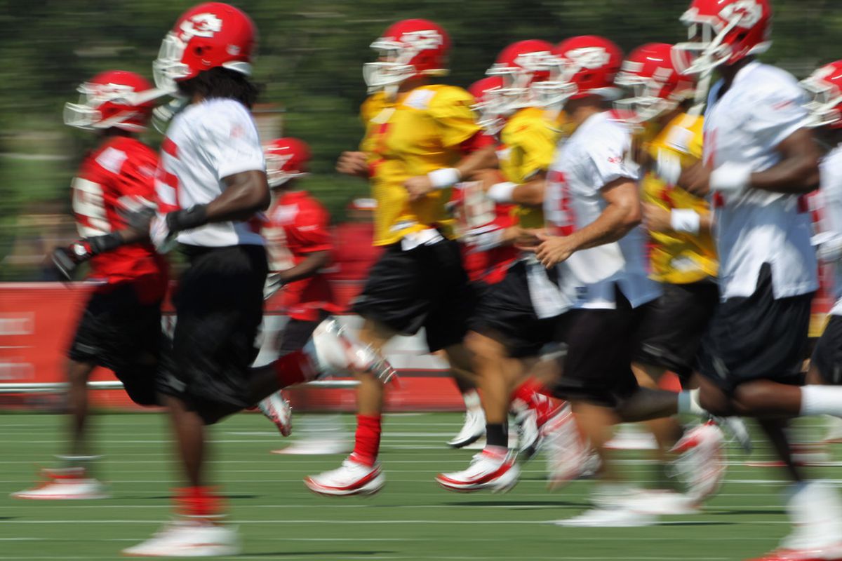 SAINT JOSEPH, MO - JULY 31:  The team runs drills during Kansas City Chiefs Training Camp on July 31, 2011 in Saint Joseph, Missouri.  (Photo by Jamie Squire/Getty Images)