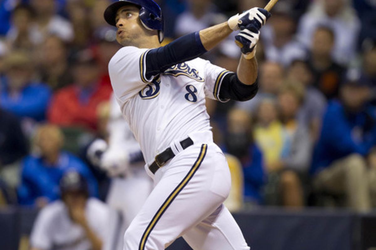 May 21, 2012: Milwaukee, WI, USA;  Milwaukee Brewers left fielder Ryan Braun (8) hits a home run during the eighth inning against the San Francisco Giants at Miller Park.  Mandatory Credit: Jeff Hanisch-US PRESSWIRE