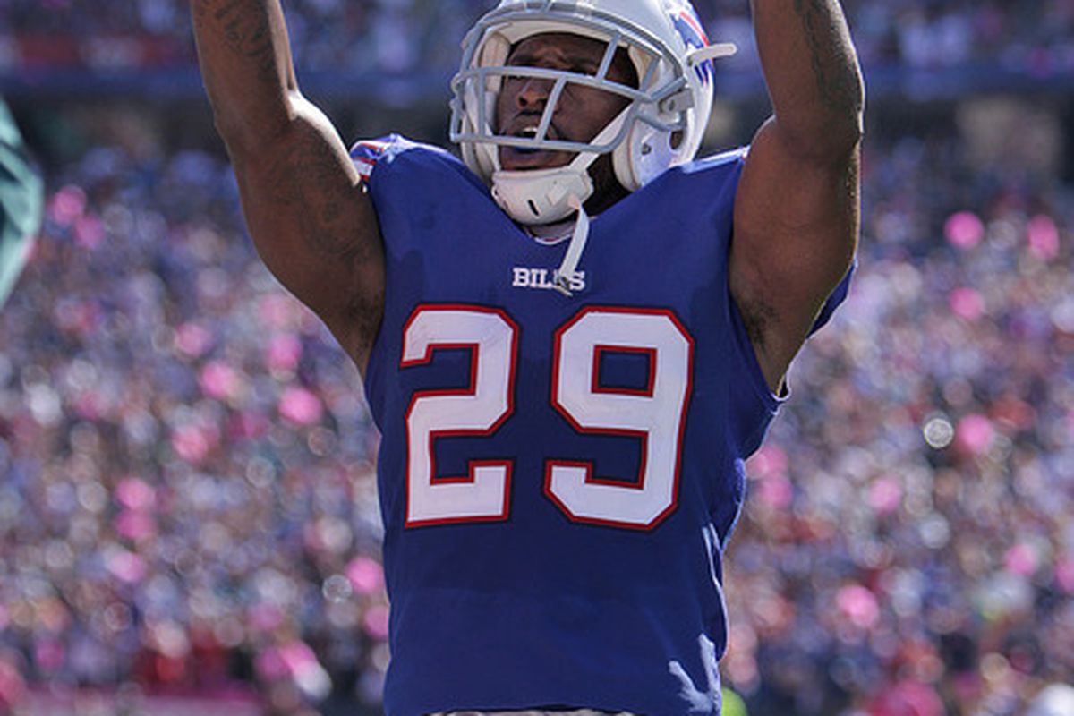 ORCHARD PARK, NY - OCTOBER 09:  Drayton Florence #29 of the Buffalo Bills encourages the fans during the first half at Ralph Wilson Stadium on October 9, 2011 in Orchard Park, New York.  (Photo by Brody Wheeler/Getty Images)