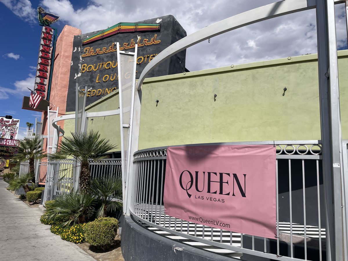 A sign for Queen Las Vegas in front of the Thunderbird Hotel.