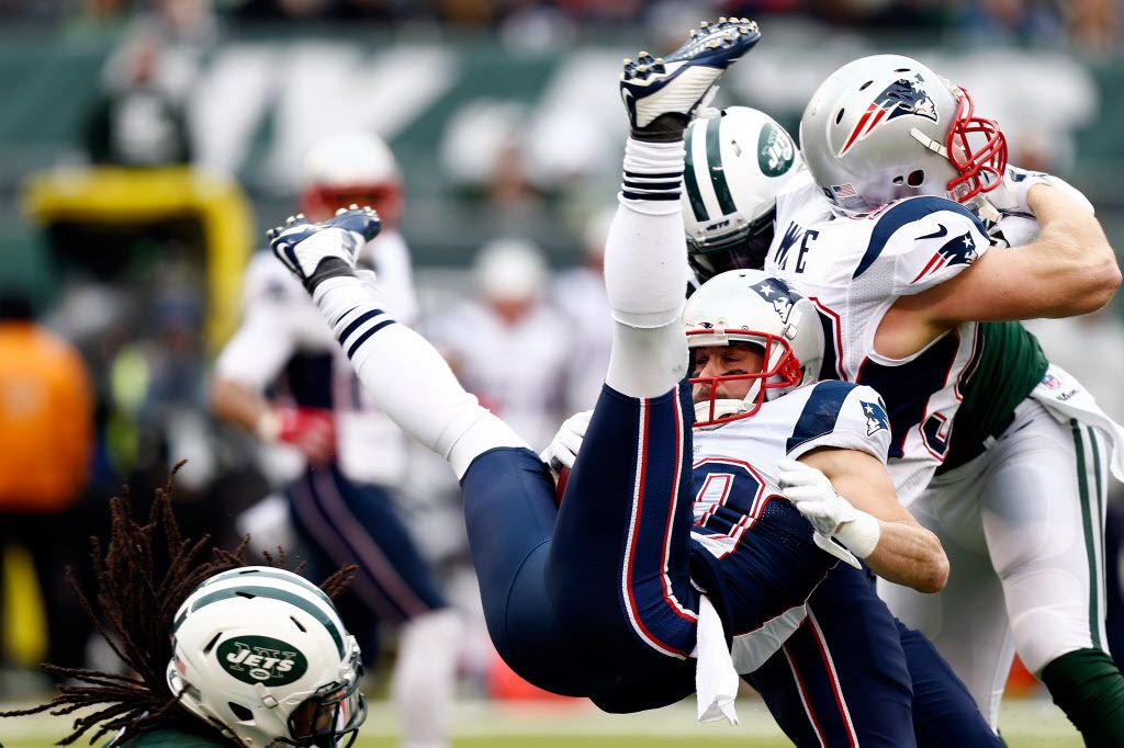 New England Patriots wide receiver Danny Amendola is tackled by New York Jets free safety Calvin Pryor. | Jeff Zelevansky/Getty Images
