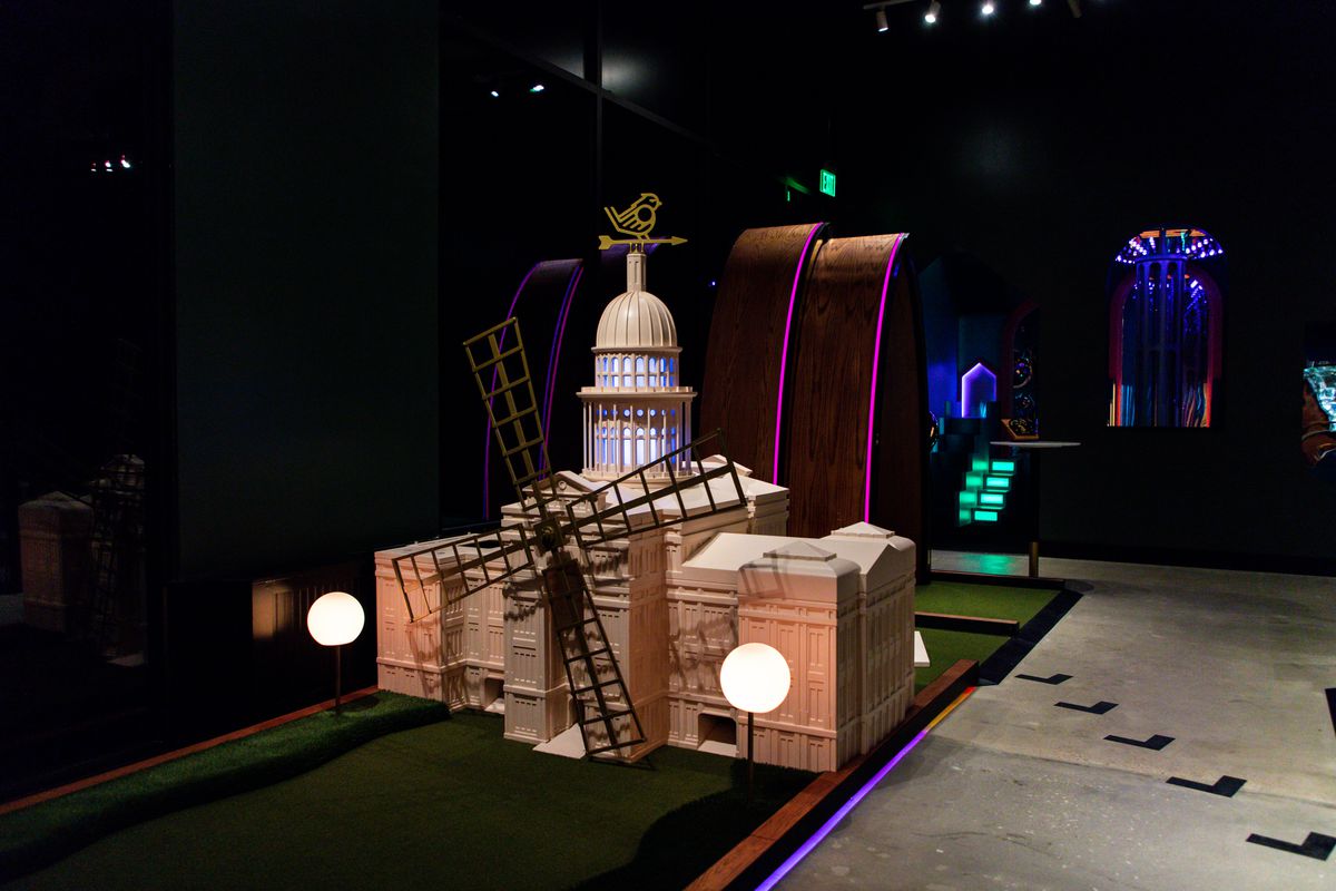 A state capitol building replica as a golf hole.