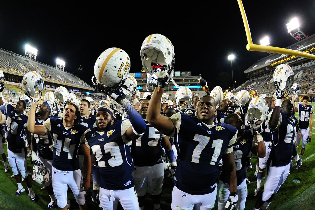 ATLANTA, GA - SEPTEMBER 8: Members of the Georgia Tech Yellow Jackets celebrate after the game against the Presbyterian Blue Hose at Bobby Dodd Stadium on September 8, 2012 in Atlanta, Georgia. (Photo by Scott Cunningham/Getty Images)