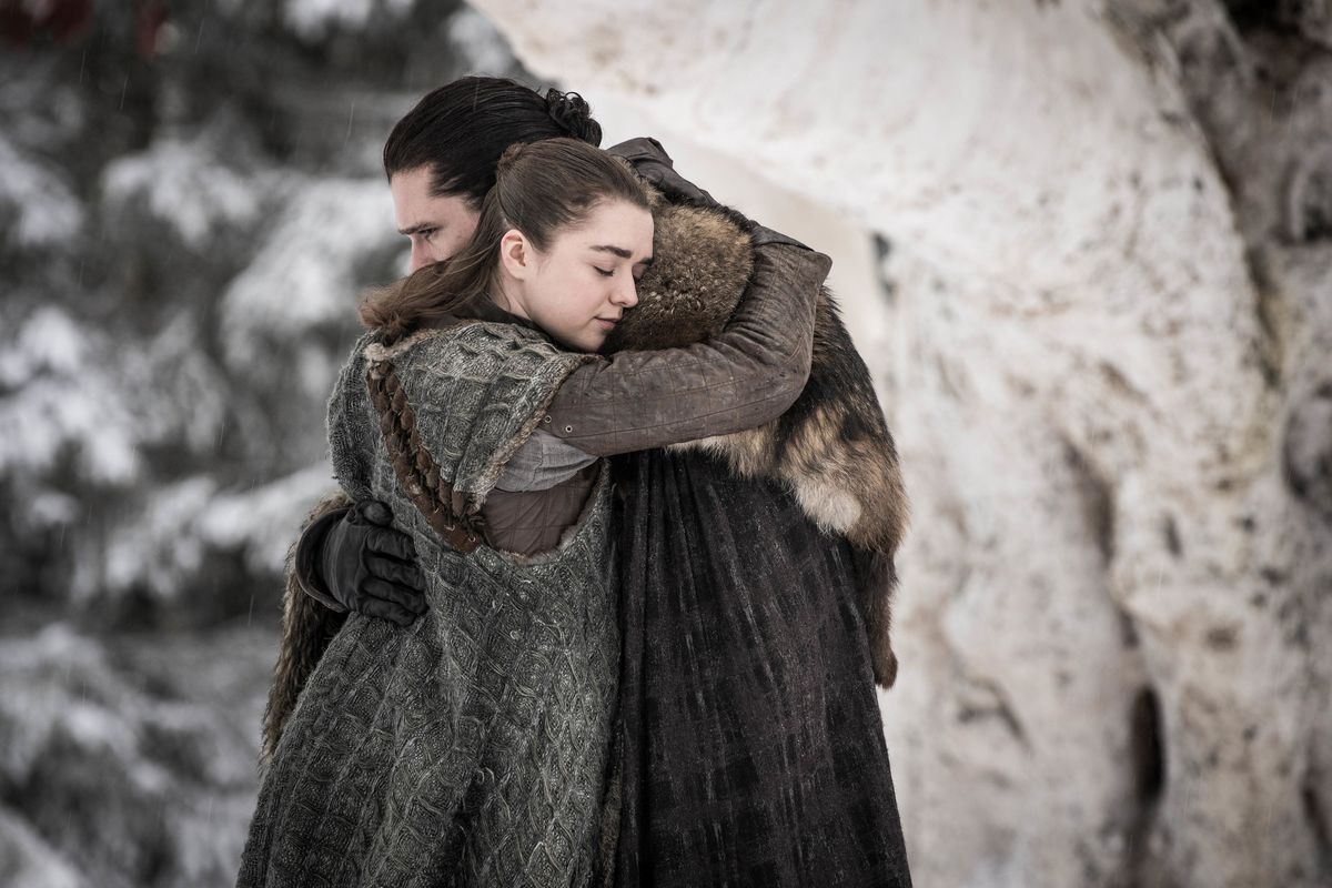 Jon Snow and Arya Stark embrace in the godswood —&nbsp;Game of Thrones Season 8, Episode 1
