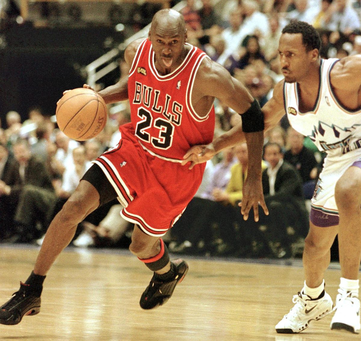 NBA star Michael Jordan pictured in his Air Jordan gym shoes.