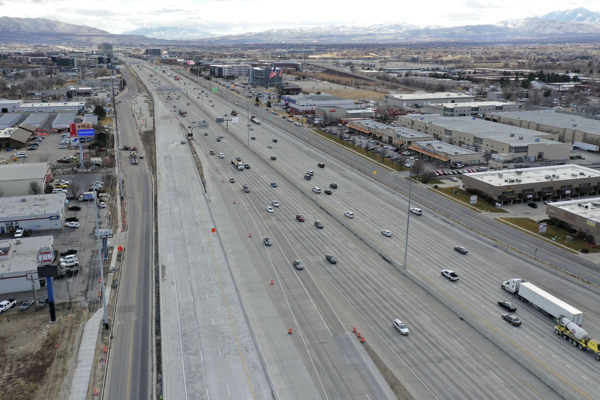 A new northbound I-15 ramp system near 9000 South, aimed at improving access to I-215 and 7200 South, is under construction in Sandy on Thursday, Feb. 4, 2021. Two-hour delays are expected Sunday as crews finish the ramp project.