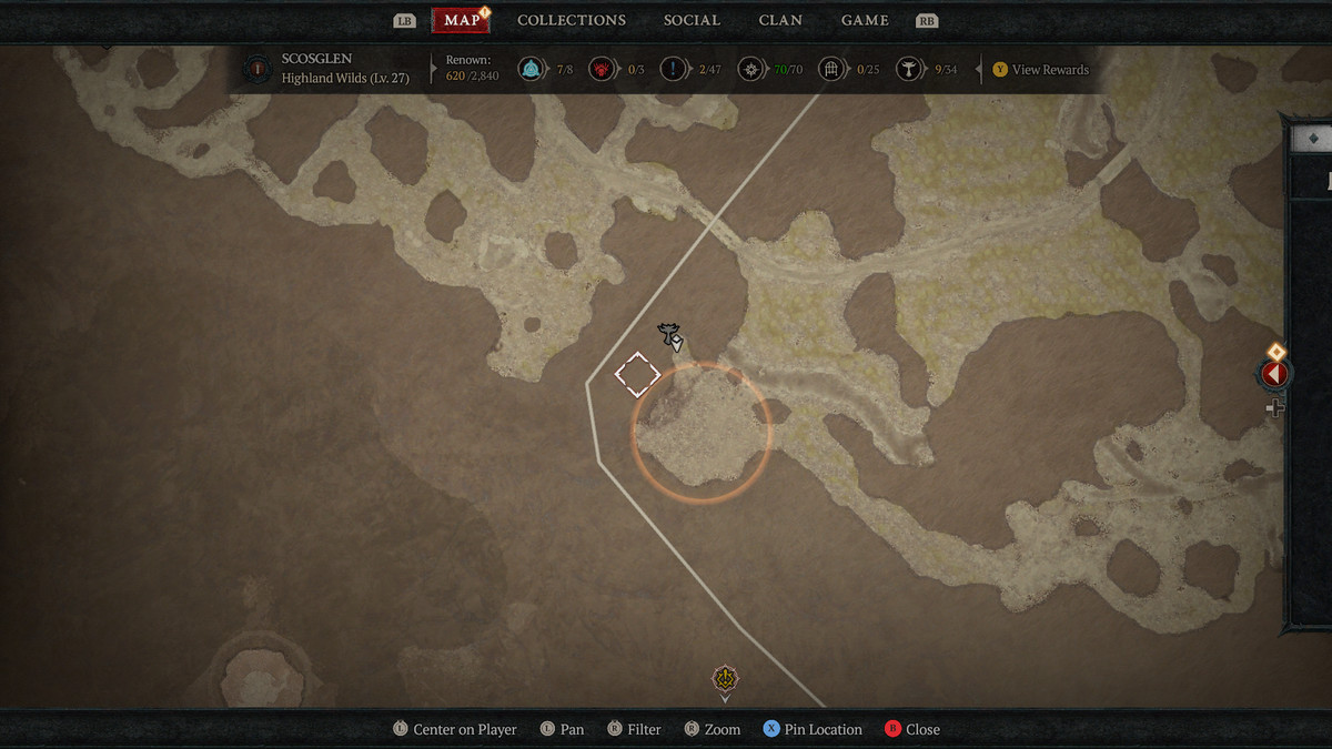 A map of Scosglen in Sanctuary showing the 5th Altar of Lilith in Diablo 4