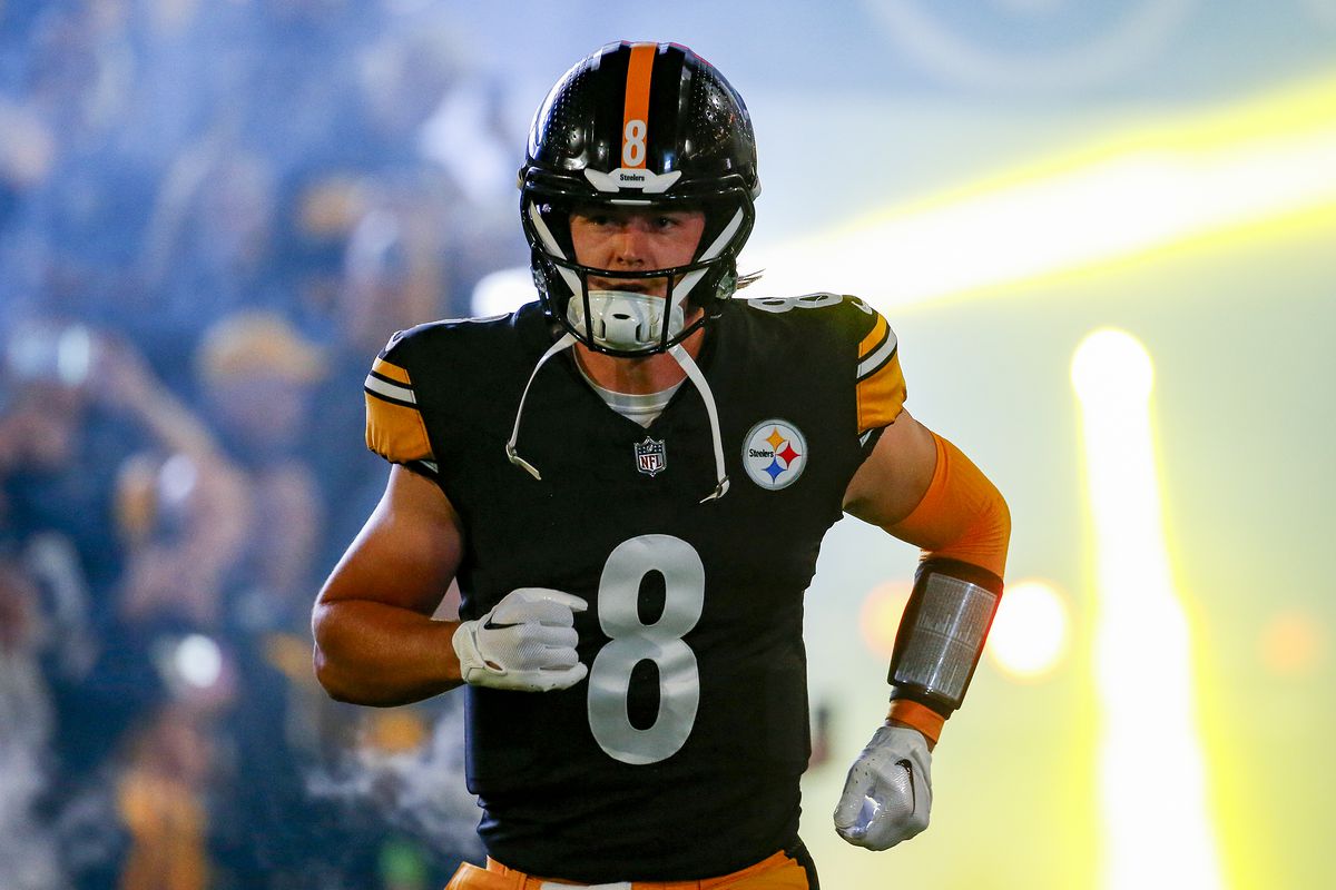 Kenny Pickett #8 of the Pittsburgh Steelers is introduced prior to the game against the Cleveland Browns at Acrisure Stadium on September 18, 2023 in Pittsburgh, Pennsylvania.
