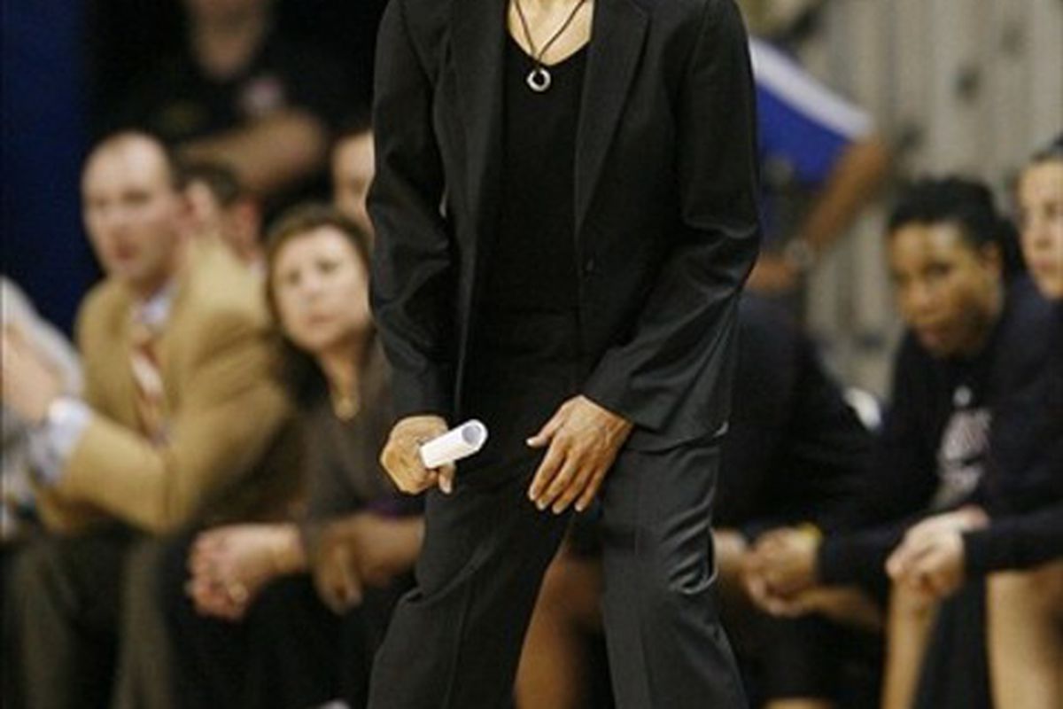 Feb 23, 2012; Lexington, KY, USA; South Carolina Gamecocks head coach Dawn Staley coaches her team during the second half of the game against the Kentucky Wildcats at Memorial Coliseum. Mandatory Credit: Mark Zerof-US PRESSWIRE