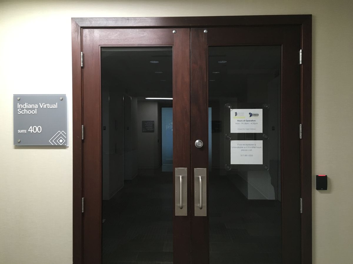 An office for Indiana Virtual School and Indiana Virtual Pathways Academy was dark and locked on a Monday morning in July during business hours.