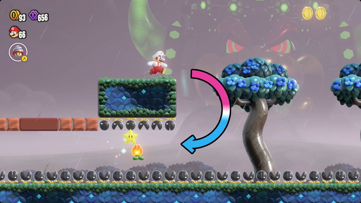 Super Mario Bros. Wonder Muncher Fields screenshot showing the route to a Wonder Flower.