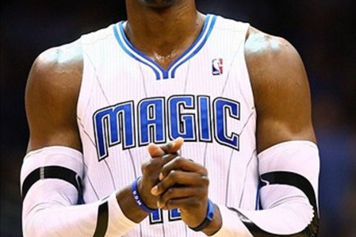Mar 13, 2012; Orlando, FL, USA; Orlando Magic center Dwight Howard (12) prepares to attempt free throws during the fourth quarter at Amway Center. Orlando defeated Miami 104-98 in overtime. Mandatory Credit: Douglas Jones-US PRESSWIRE