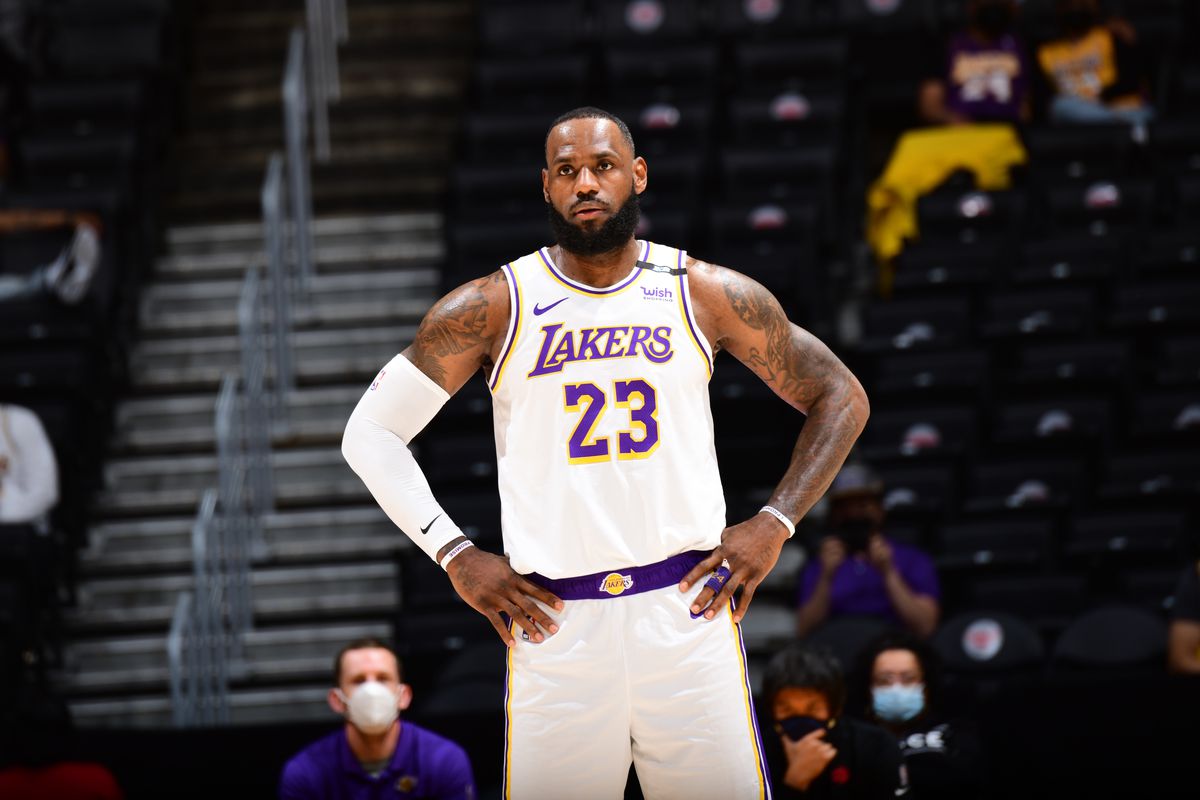 LeBron James of the Los Angeles Lakers looks on during the game against the Toronto Raptors on May 2, 2021 at STAPLES Center in Los Angeles, California.&nbsp;