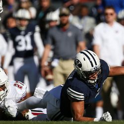 Brigham Young Cougars wide receiver Moroni Laulu-Pututau (1) makes a reception and runs for a first down during a game at LaVell Edwards Stadium in Provo on Saturday, Nov. 19, 2016.