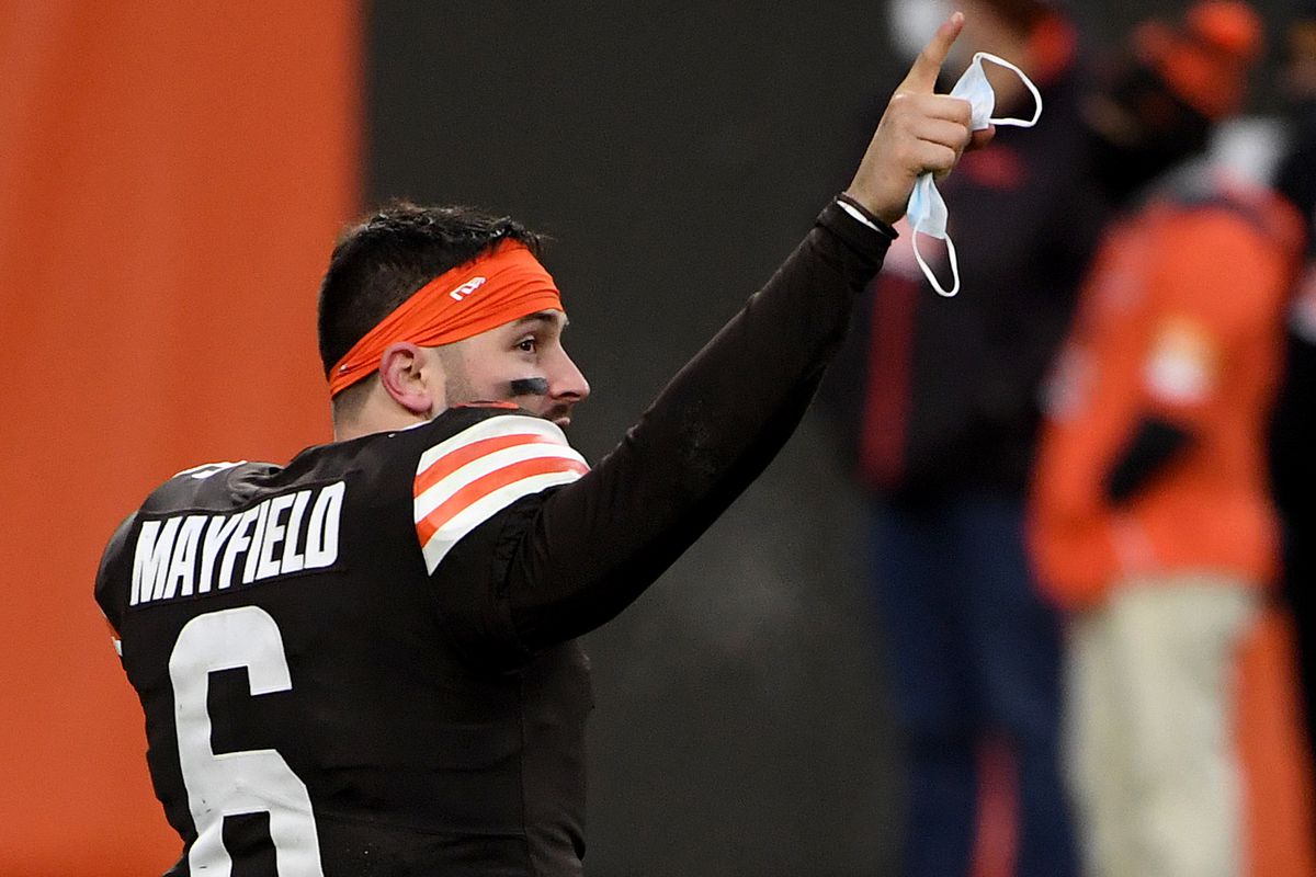 Baker Mayfield #6 of the Cleveland Browns celebrates after defeating the Pittsburgh Steelers 24-22 at FirstEnergy Stadium on January 03, 2021 in Cleveland, Ohio.