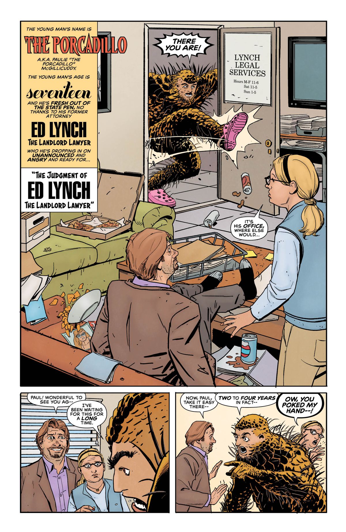 A preview page from Superman’s Pal Jimmy Olsen #3, DC Comics (2019), featuring the Porcadillo, who seems to be a man-porcupine-and-possibly-armadillo hybrid. 