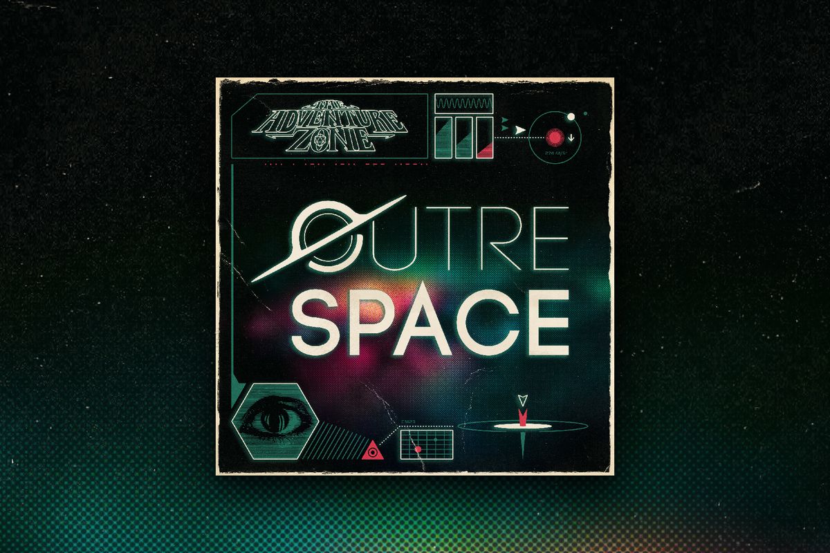 An illustrated logo for Outre Space. The background is the darkness of space with a center splash of a colorful nebula. The foreground is a retro UI. In the top left, it says, “The Adventure Zone” in a glowing white hollow text. The center says, “Outre Space” in a retro sans serif font. The “o” in Outre mimics a planet with rings. At the bottom is an eye gazing out at the viewer with technical graphics next to it. The edges of the logo have a torn paper effect.