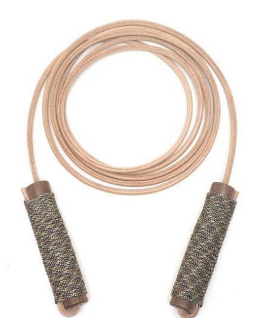 Tan-colored jump rope with multicolor knit handles