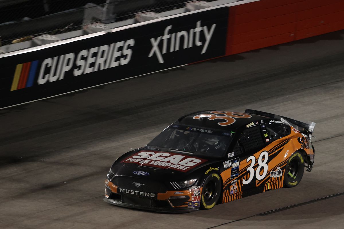 John H. Nemechek, driver of the #38 SCAG Ford, races during the NASCAR Cup Series Toyota 500 at Darlington Raceway on May 20, 2020 in Darlington, South Carolina.