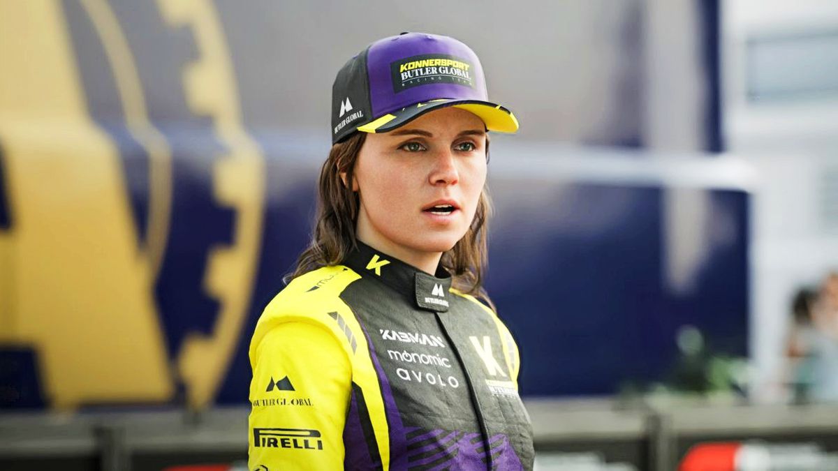 Scene from F1 23’s Braking Point 2 narrative: Callie Mayer, a driver on the rise from Formula 2, in Konnersport fire suit during a grand prix