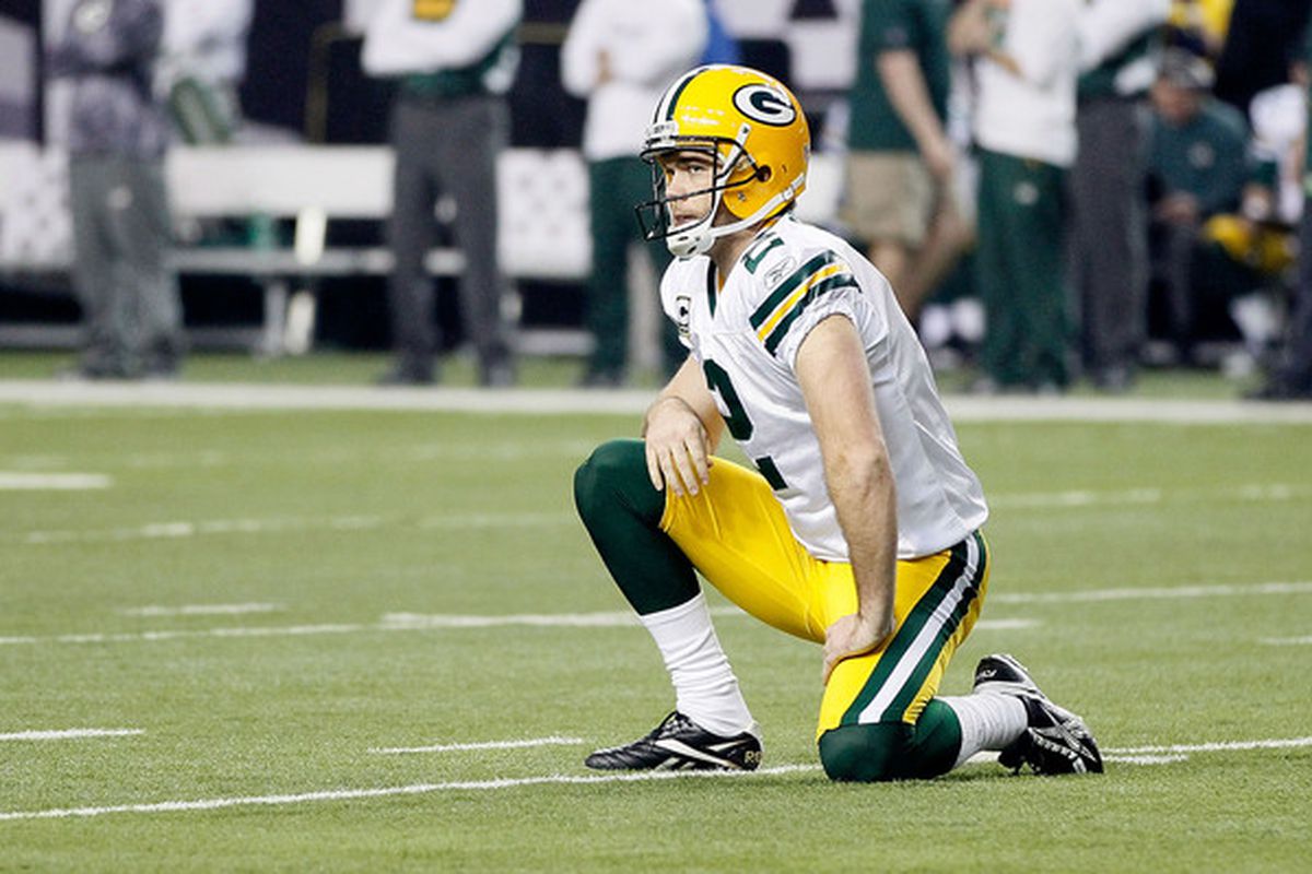 Mason Crosby (2) reacts to kick return during a 2011 game