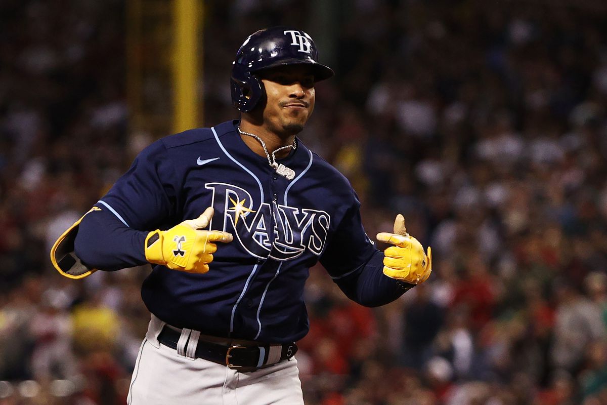 Wander Franco #5 of the Tampa Bay Rays celebrates his two-run homerun in the sixth inning against the Boston Red Sox during Game 4 of the American League Division Series at Fenway Park on October 11, 2021 in Boston, Massachusetts.