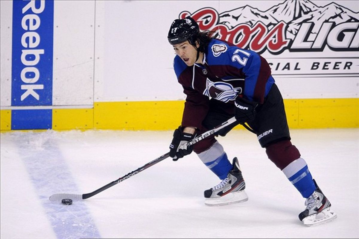 Feb 22 2012; Denver, CO, USA; Colorado Avalanche right wing Steve Downie controls the puck during the third period against the Los Angeles Kings at the Pepsi Center. The Avalanche won 4-1. Mandatory Credit: Ron Chenoy-US PRESSWIRE