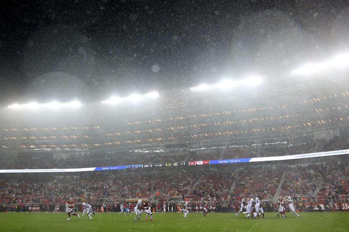 &nbsp;The Indianapolis Colts and San Francisco 49ers play in a heavy rain at Levi’s Stadium on October 24, 2021 in Santa Clara, California.