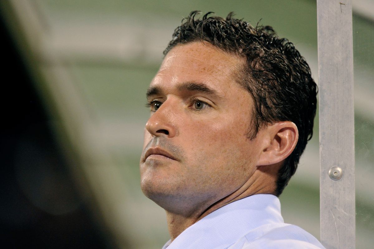 COLUMBUS, OH - AUGUST 25:  Head Coach Jay Heaps of the New England Revolution watches his team play the Columbus Crew on August 25, 2012 at Crew Stadium in Columbus, Ohio. Columbus defeated New England 4-3.  (Photo by Jamie Sabau/Getty Images)