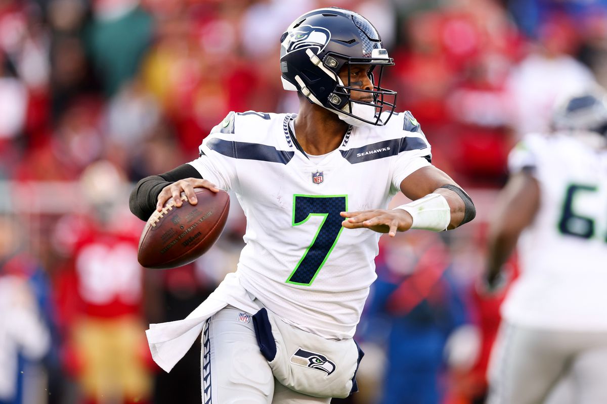 Geno Smith #7 of the Seattle Seahawks throws a pass against the San Francisco 49ers during the first half of the game in the NFC Wild Card playoff game at Levi’s Stadium on January 14, 2023 in Santa Clara, California.