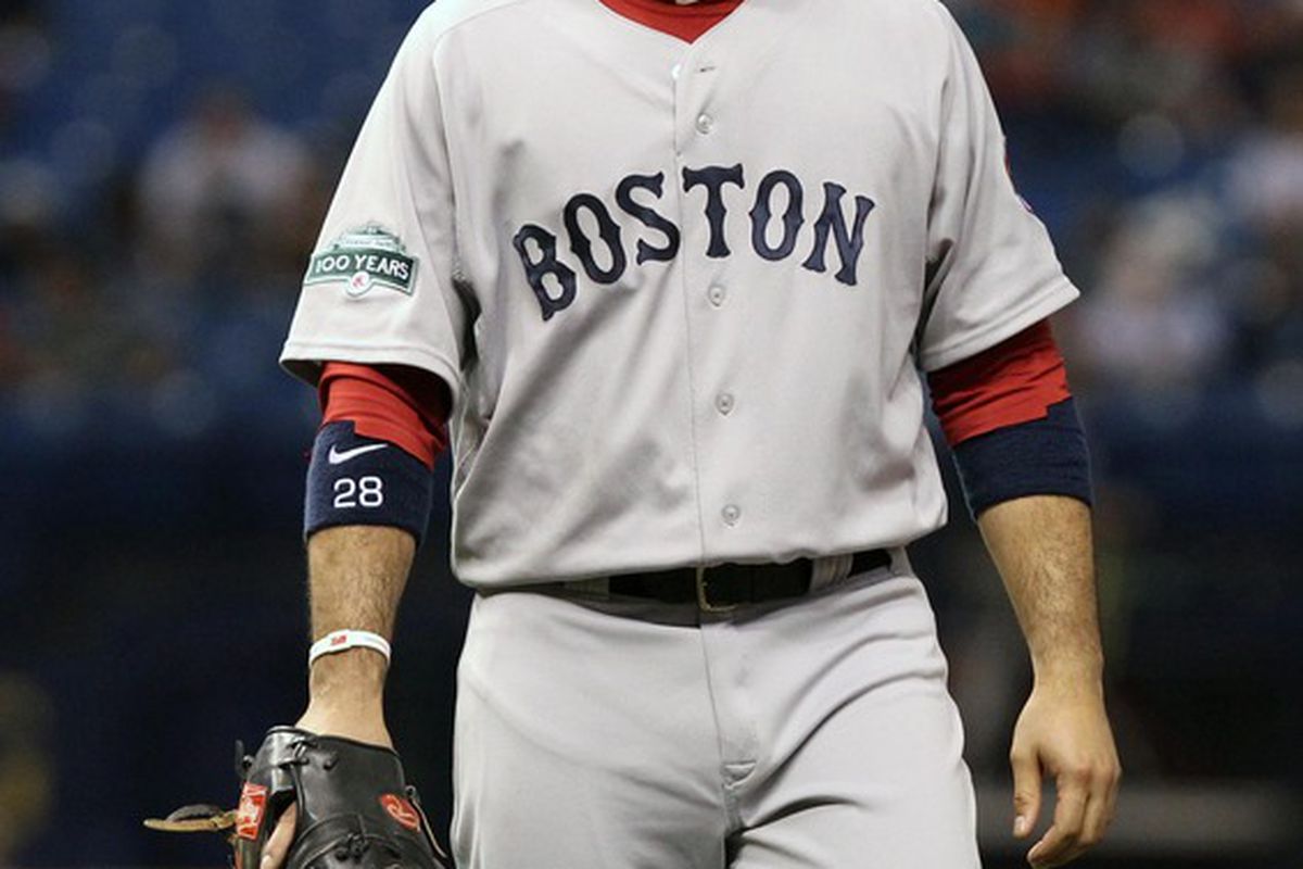 May 16, 2012; St. Petersburg, FL, USA; Boston Red Sox first baseman Adrian Gonzalez (28) against the Tampa Bay Rays at Tropicana Field. Tampa Bay Rays defeated the Boston Red Sox 2-1. Mandatory Credit: Kim Klement-US PRESSWIRE