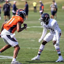 Broncos WR Tim Patrick looks to move past Bears rookie DB John Franklin III during the joint training camp practice.