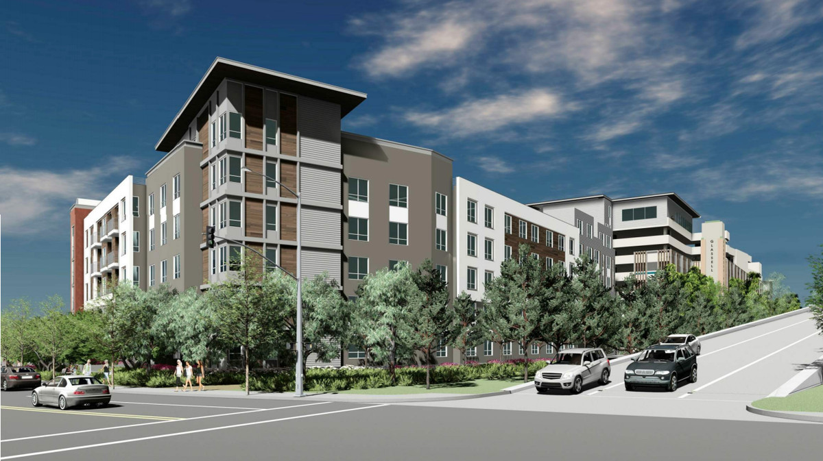 A rendering of the apartment building right at the end of the offramp.