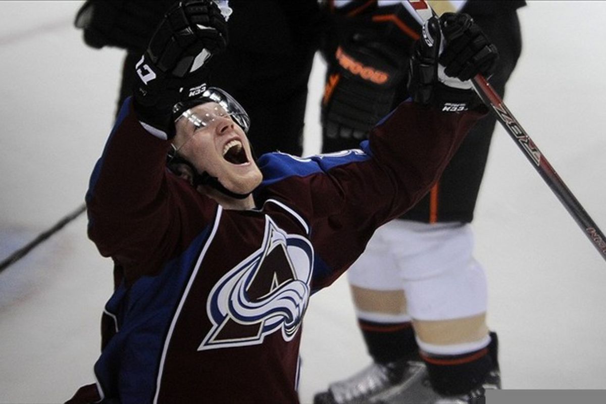 March 12 2012; Denver, CO, USA; Colorado Avalanche left wing Gabriel Landeskog (92) reacts after scoring the game winning goal in overtime against the Anaheim Ducks at the Pepsi Center. Mandatory Credit: Ron Chenoy-US PRESSWIRE