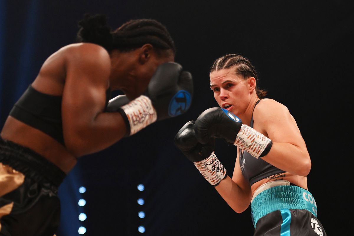 Savannah Marshall in action against Lolita Muzeya during the WBO World Middleweight title fight between Savannah Marshall and Lolita Muzeya at Utilita Arena on October 16, 2021 in Newcastle upon Tyne, England.