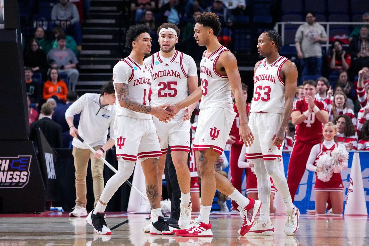 Indiana Hoosiers guard Jalen Hood-Schifino (1) and forward Trayce Jackson-Davis (23) and forward Race Thompson (25) and guard Tamar Bates (53) in the second half against the Kent State Golden Flashes at MVP Arena.